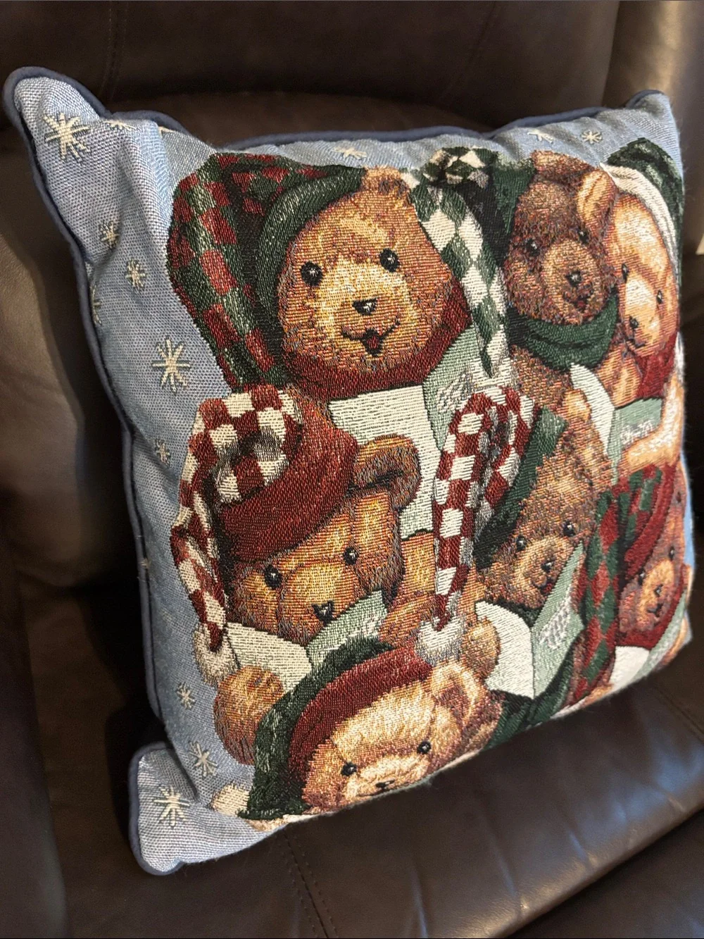 Vintage & Festive Teddy Bears Throw Pillow - Blue